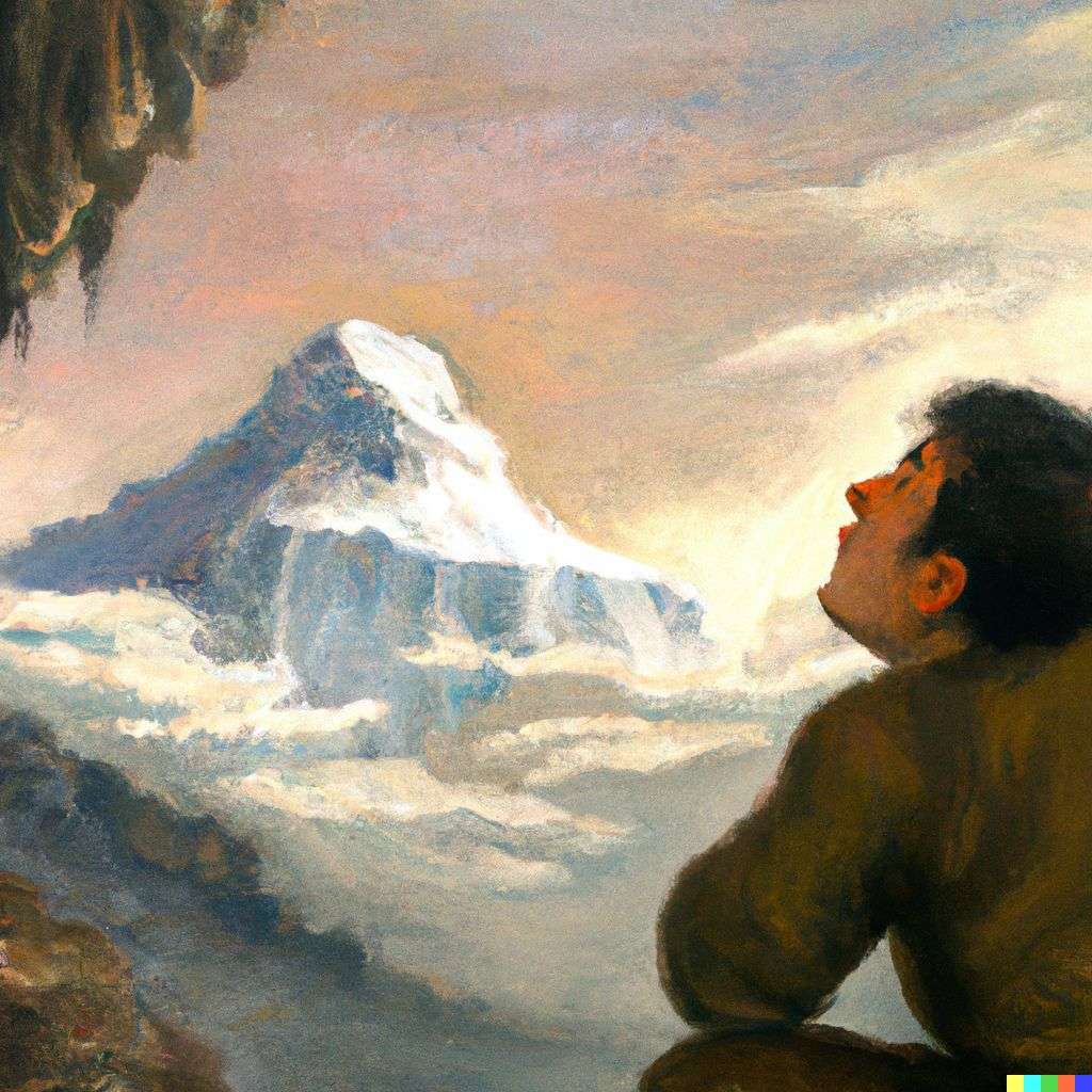 someone gazing at Mount Everest, painting, renaissance style